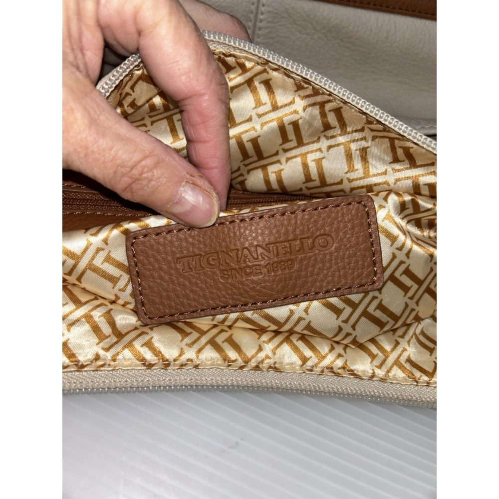 Tignanello Cream & Brown Pebbled Leather Hobo Bag Purse Soft Very Clean Lined - Picture 8 of 10